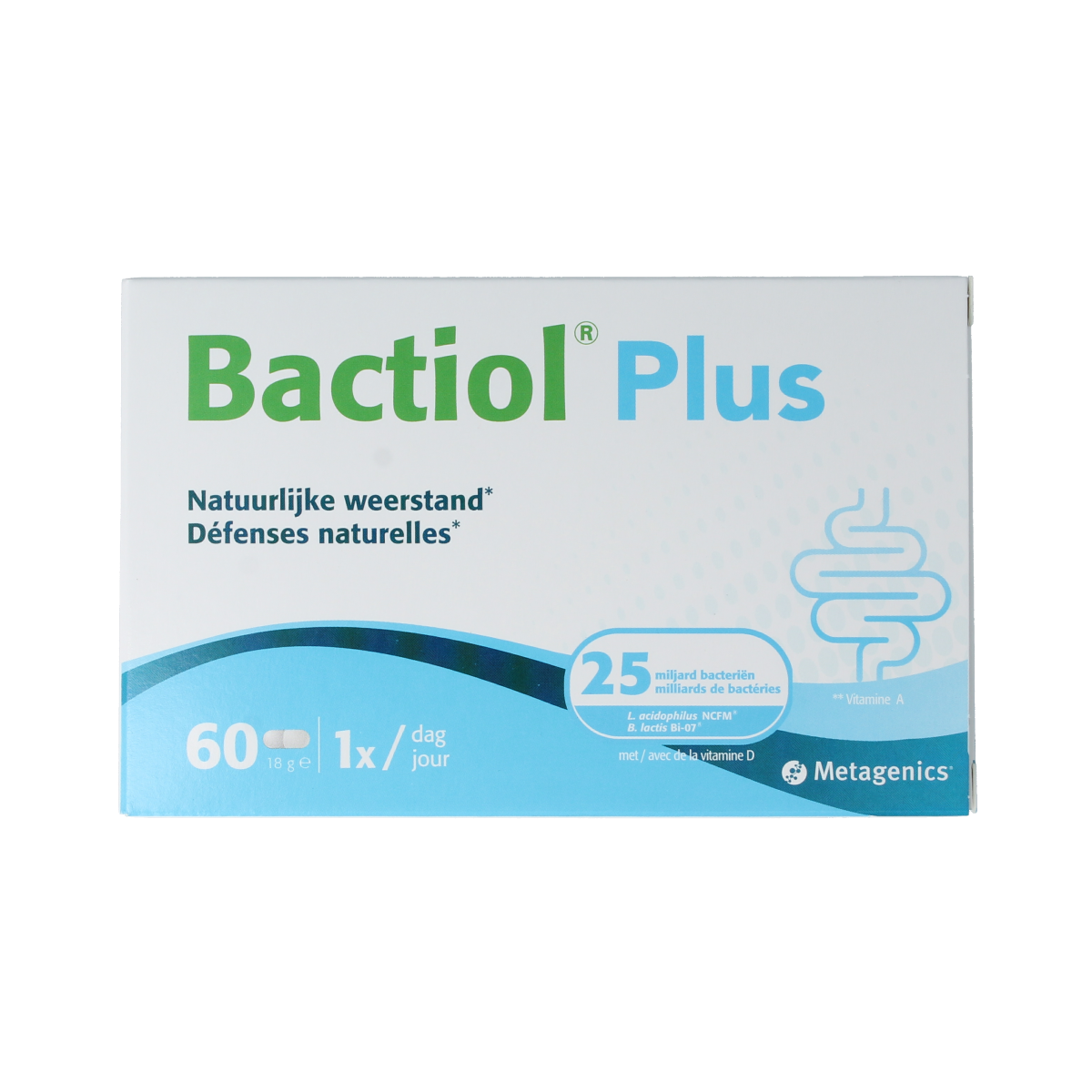 Metagenics Bactiol Plus probiotic capsules containing micro-organisms in a bottle, dietary supplement for digestive health