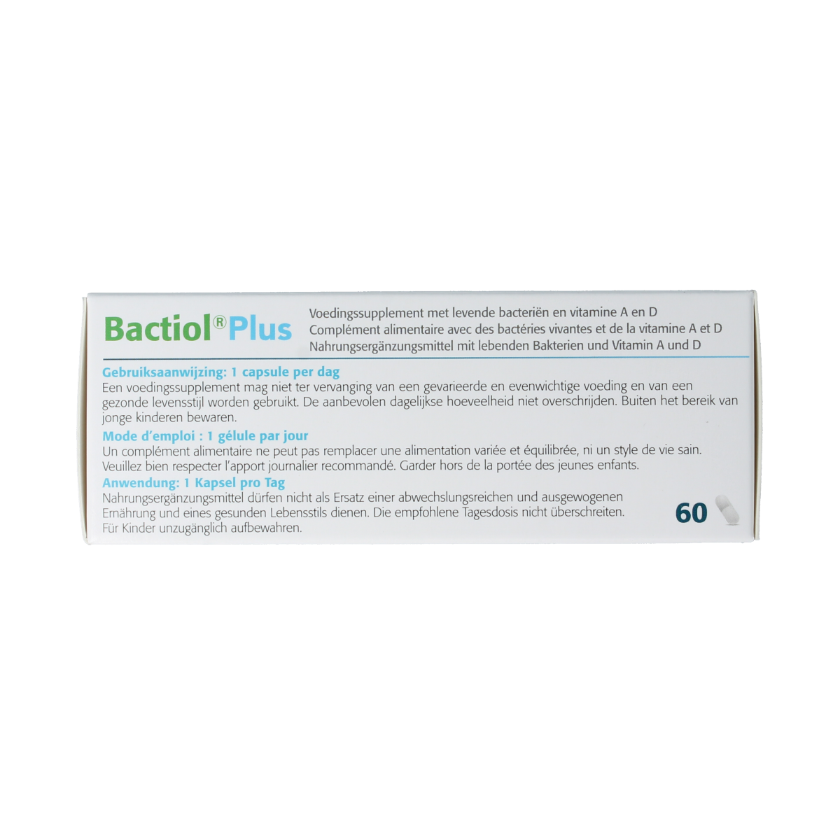 Metagenics Bactiol Plus probiotic capsules with micro-organisms, 60-count bottle, supplement for digestive health.