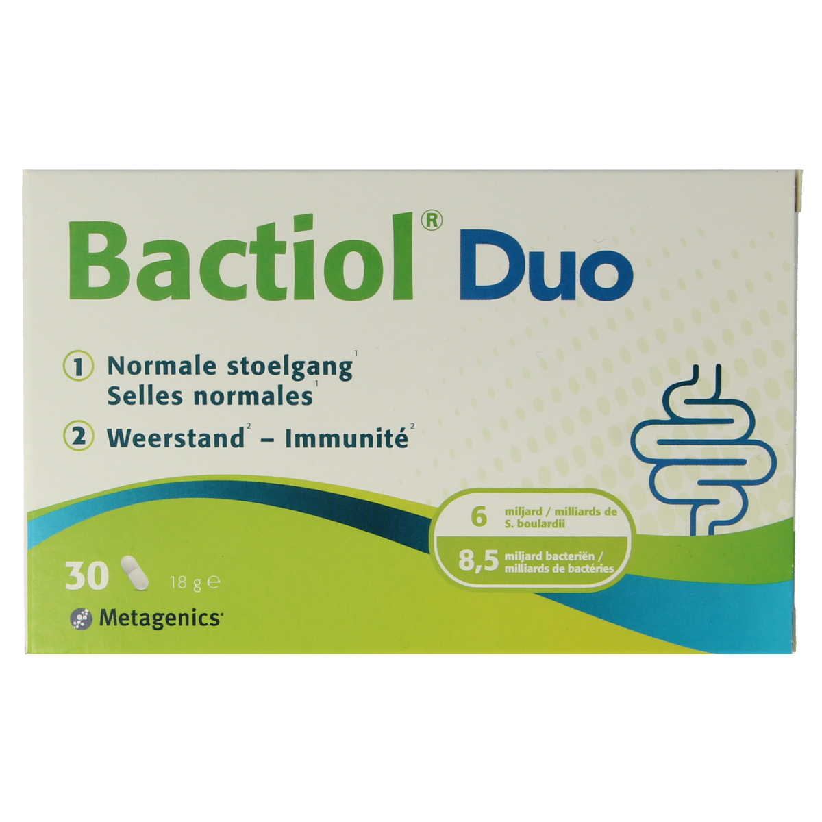 Metagenics Bactiol Duo probiotic capsules with micro-organisms in a clear bottle, labeled for gut health support.