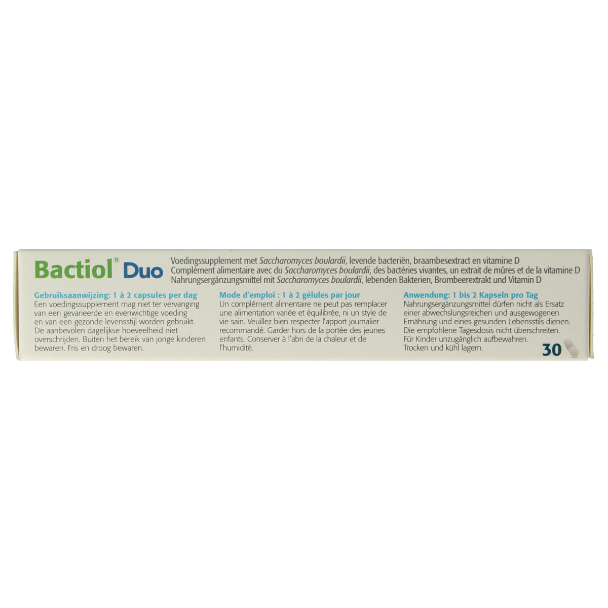 Metagenics Bactiol Duo probiotic capsules featuring micro-organisms, in a white bottle with label details.