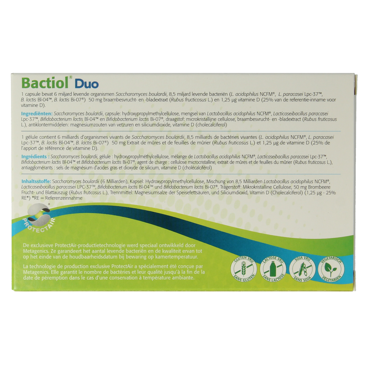 Metagenics Bactiol Duo probiotic capsules containing micro-organisms in a blister pack, 30 capsules for digestive health.