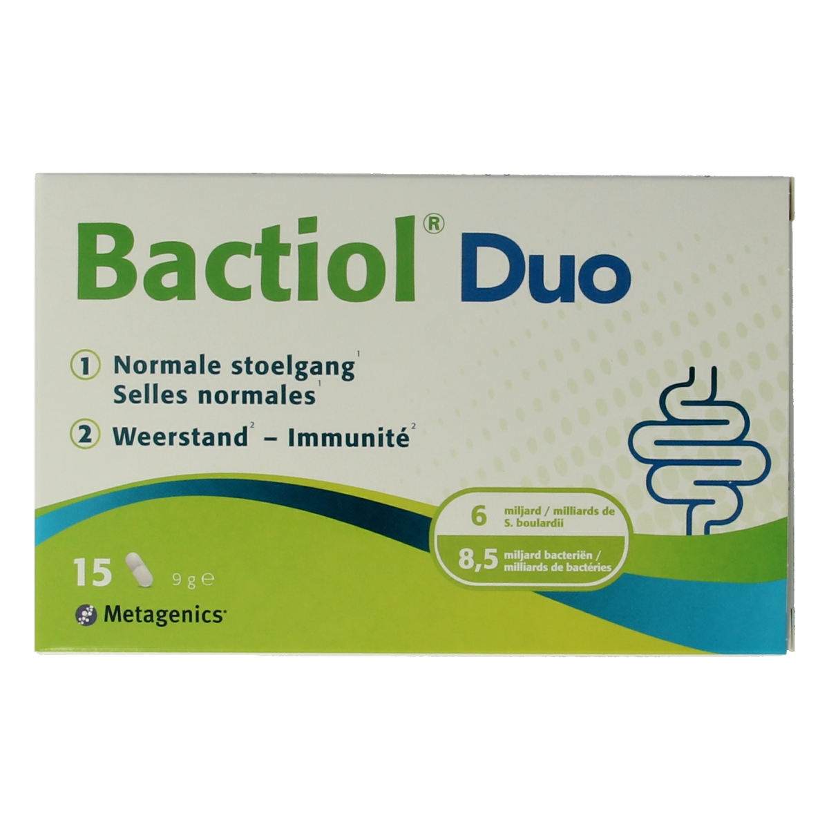 Metagenics Bactiol Duo probiotic capsules with micro-organisms in a white bottle, showing the capsule label and branding.
