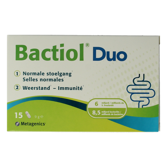 Metagenics Bactiol Duo probiotic capsules with micro-organisms in a white bottle, showing the capsule label and branding.