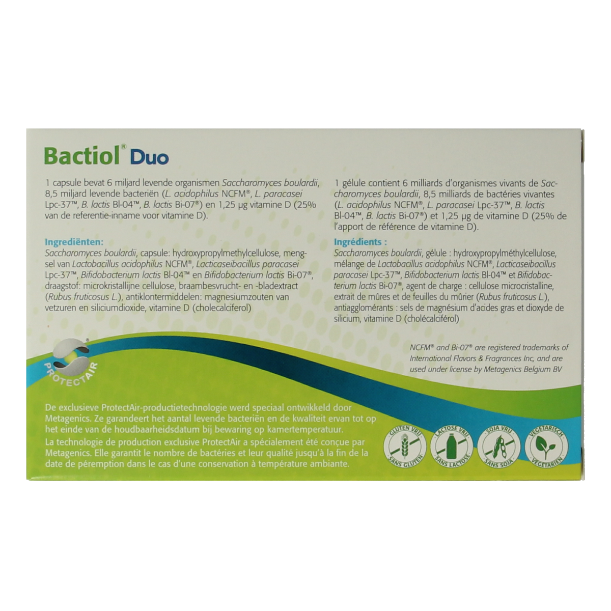Metagenics Bactiol Duo probiotic capsules featuring micro-organisms for digestive health, shown in a bottle with 15 capsules.