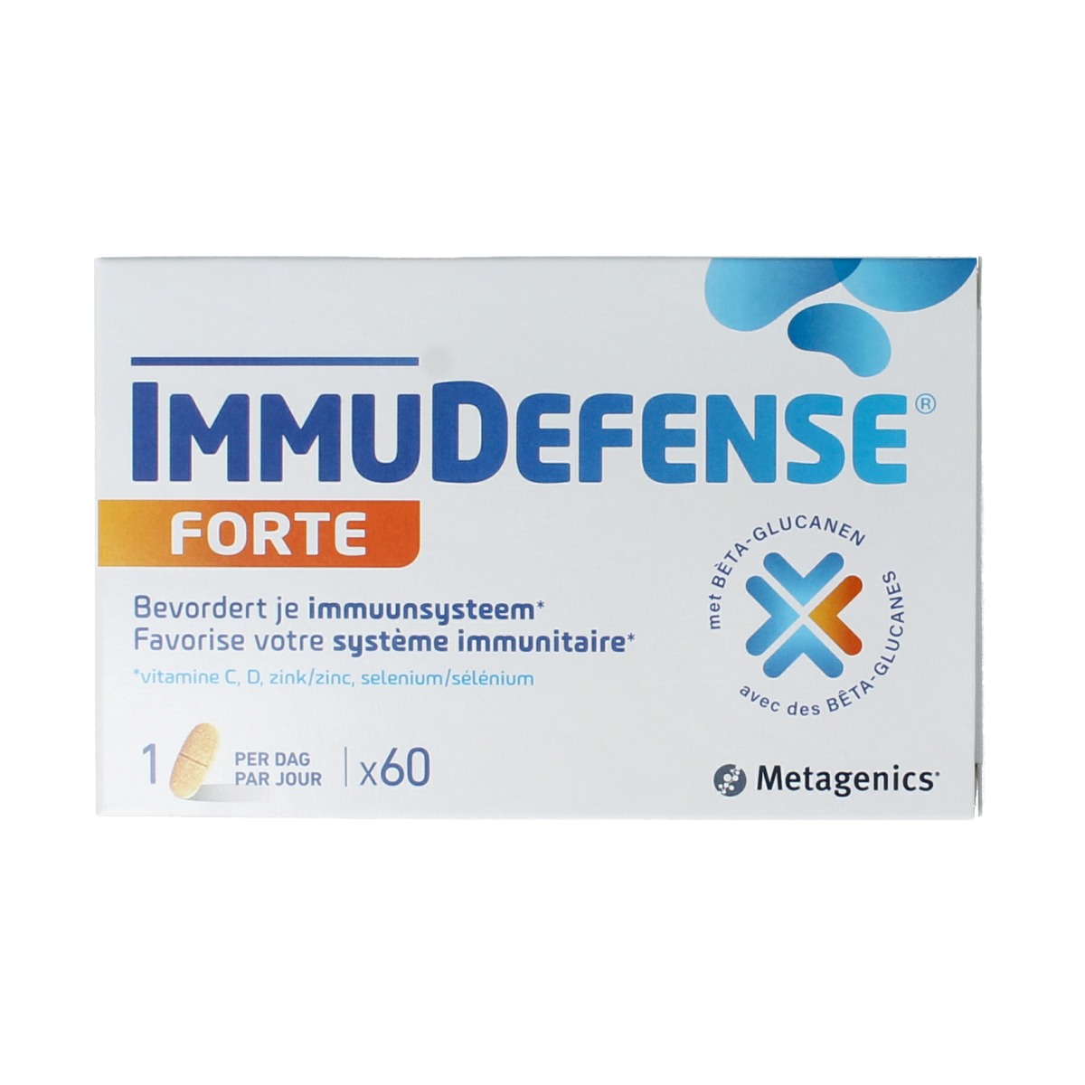 Metagenics Immudefense Forte herbal supplement tablets, natural immune support product, 60 count, with botanical ingredients.