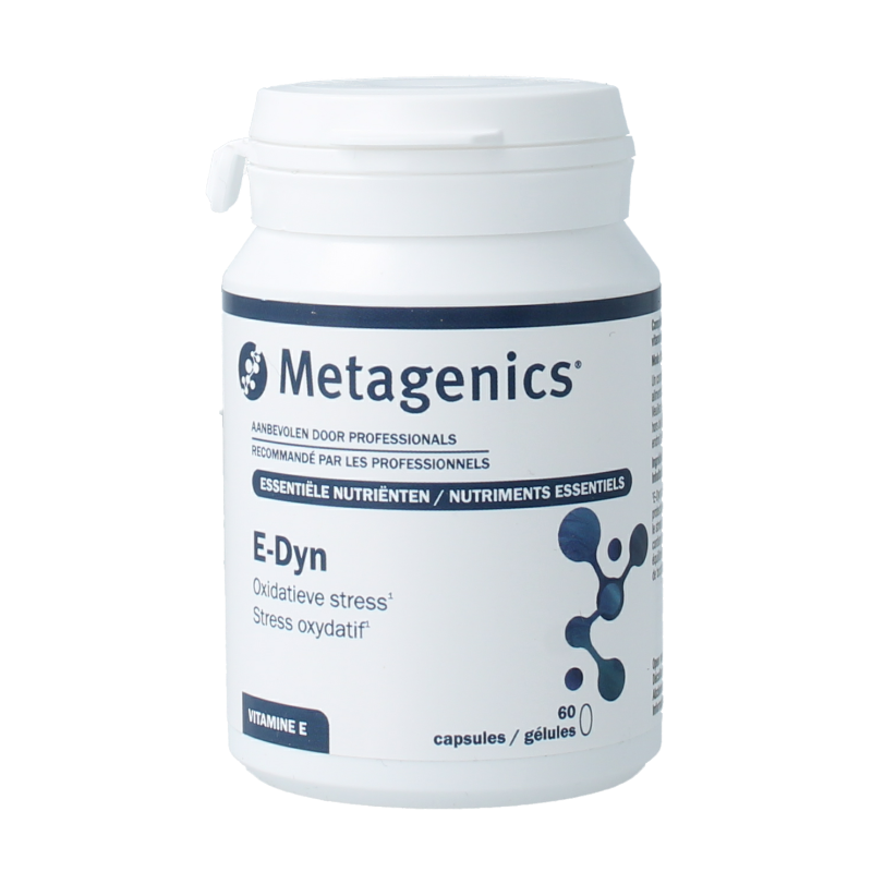 Metagenics E-Dyn multivitamin capsules, 60-count bottle, featuring vitamin E and essential nutrients in clear capsule form.