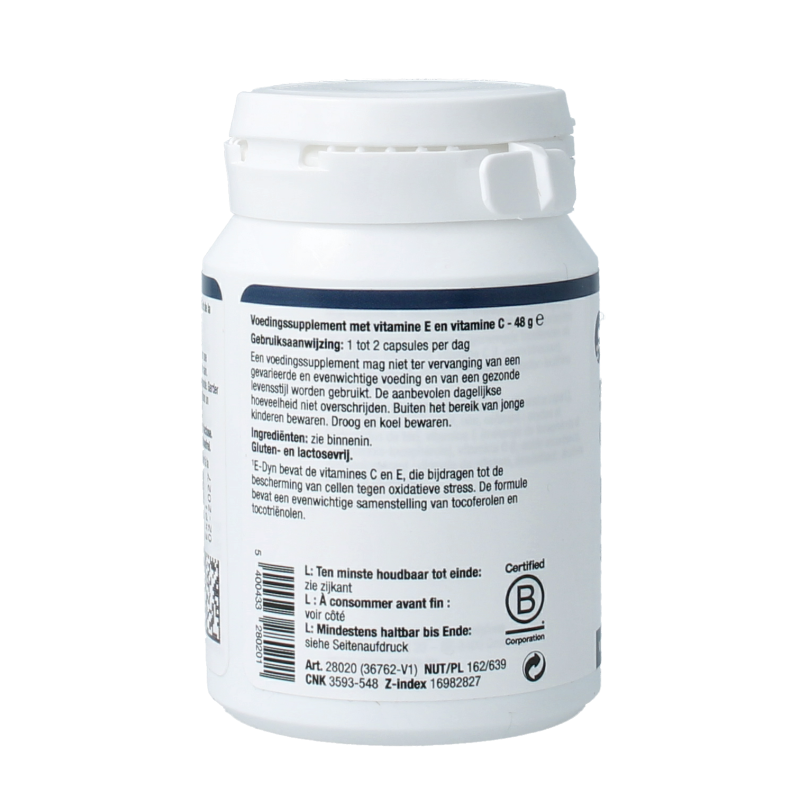 Metagenics E-Dyn multivitamin capsules in a white bottle with a blue label, showcasing 60 dietary supplement capsules.