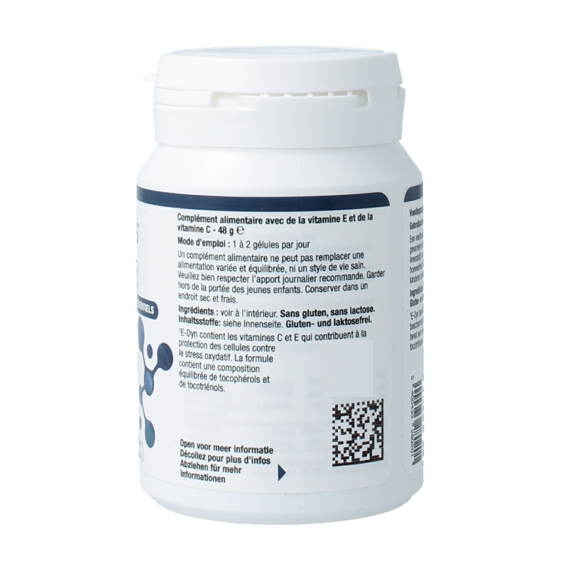 Metagenics E-Dyn multivitamin capsules, 60-count bottle, showing the supplement packaging and capsules inside.