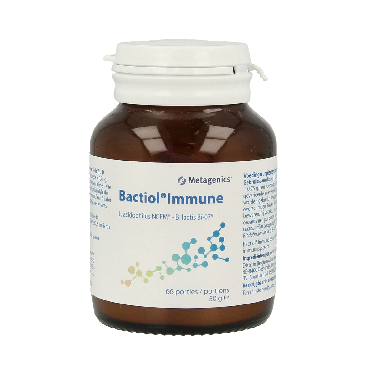 Metagenics Bactiol immune micro-organisms supplement in a 66-serving container, showcasing probiotic capsules on a white background.