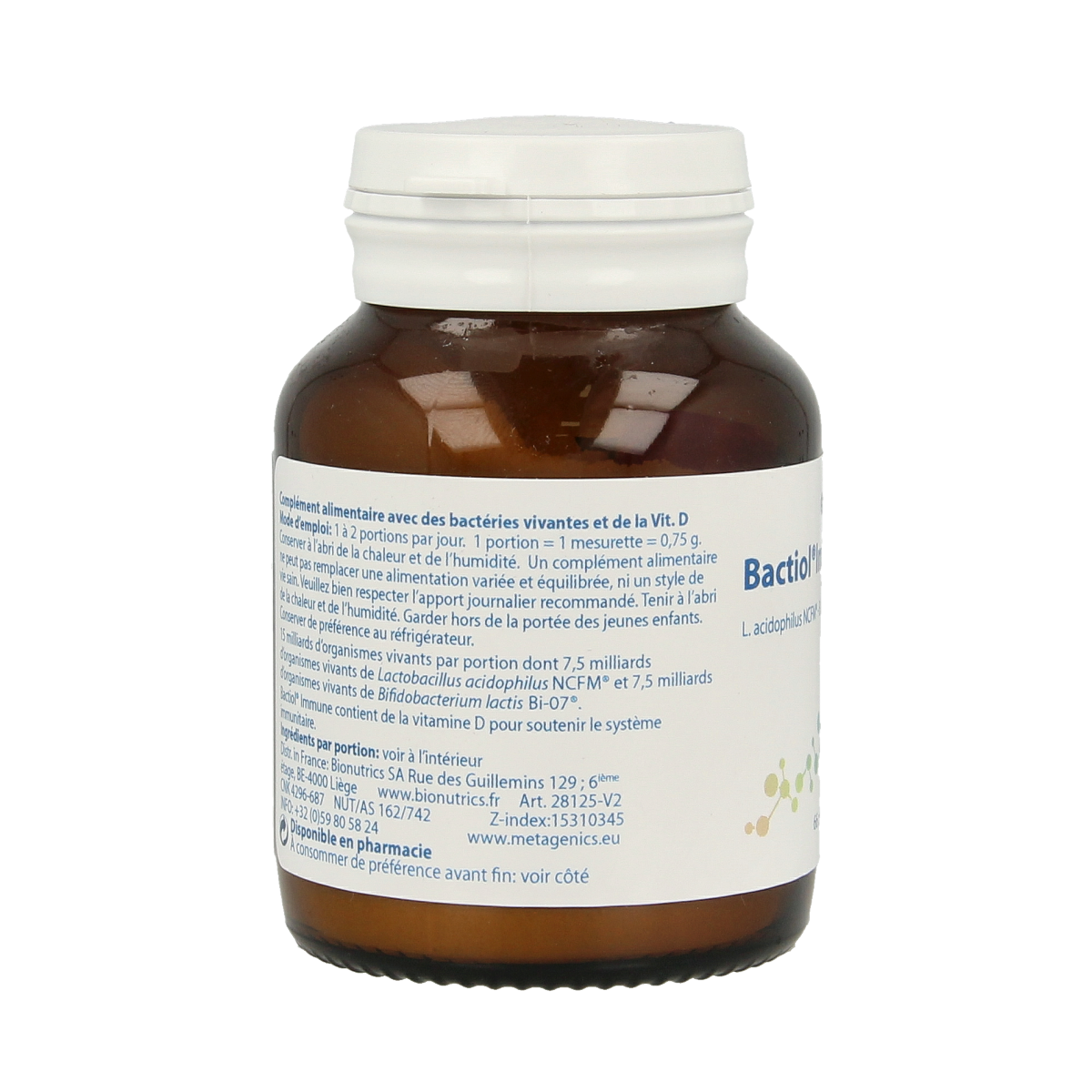 Metagenics Bactiol immune micro-organisms supplement in a container, featuring 66 servings and 140 grams of probiotic formula.