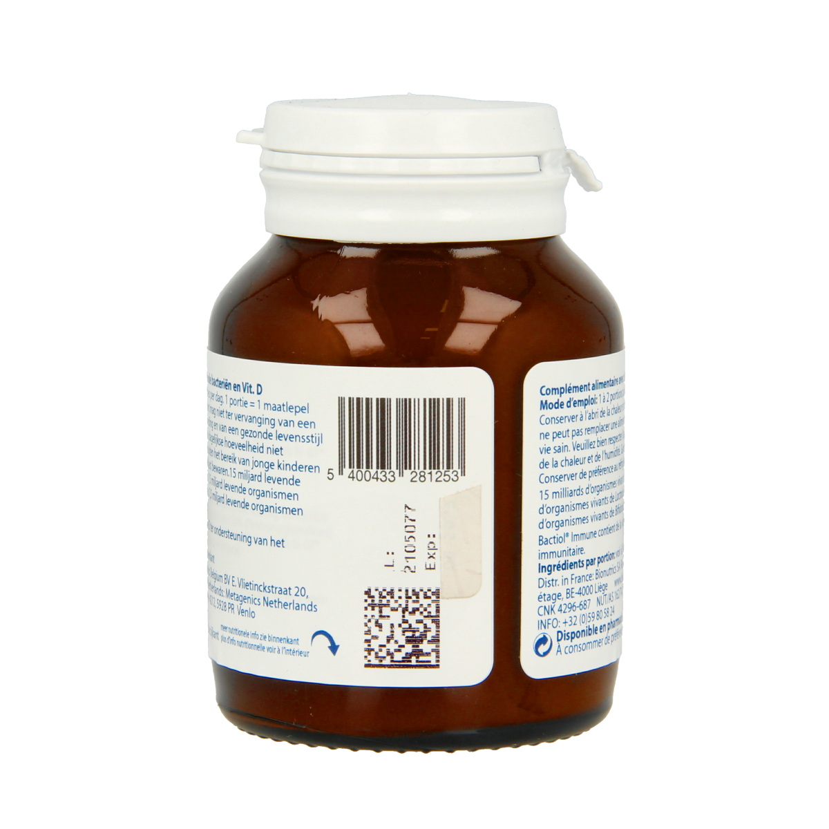 Metagenics Bactiol immune micro-organisms supplement bottle showing 66 servings and product label.