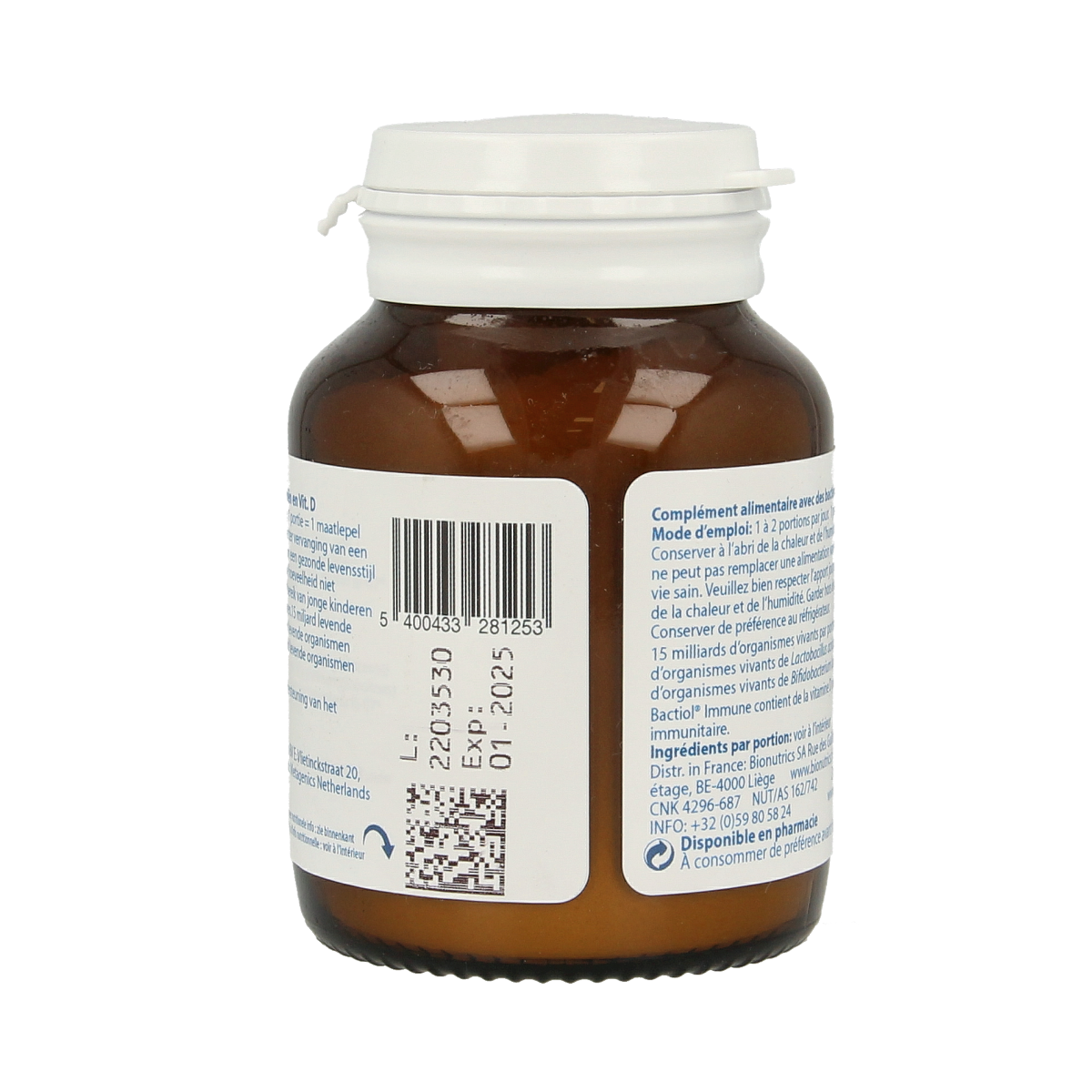Metagenics Bactiol immune micro-organisms supplement in a 66-portions container, featuring probiotic capsules on a white background.
