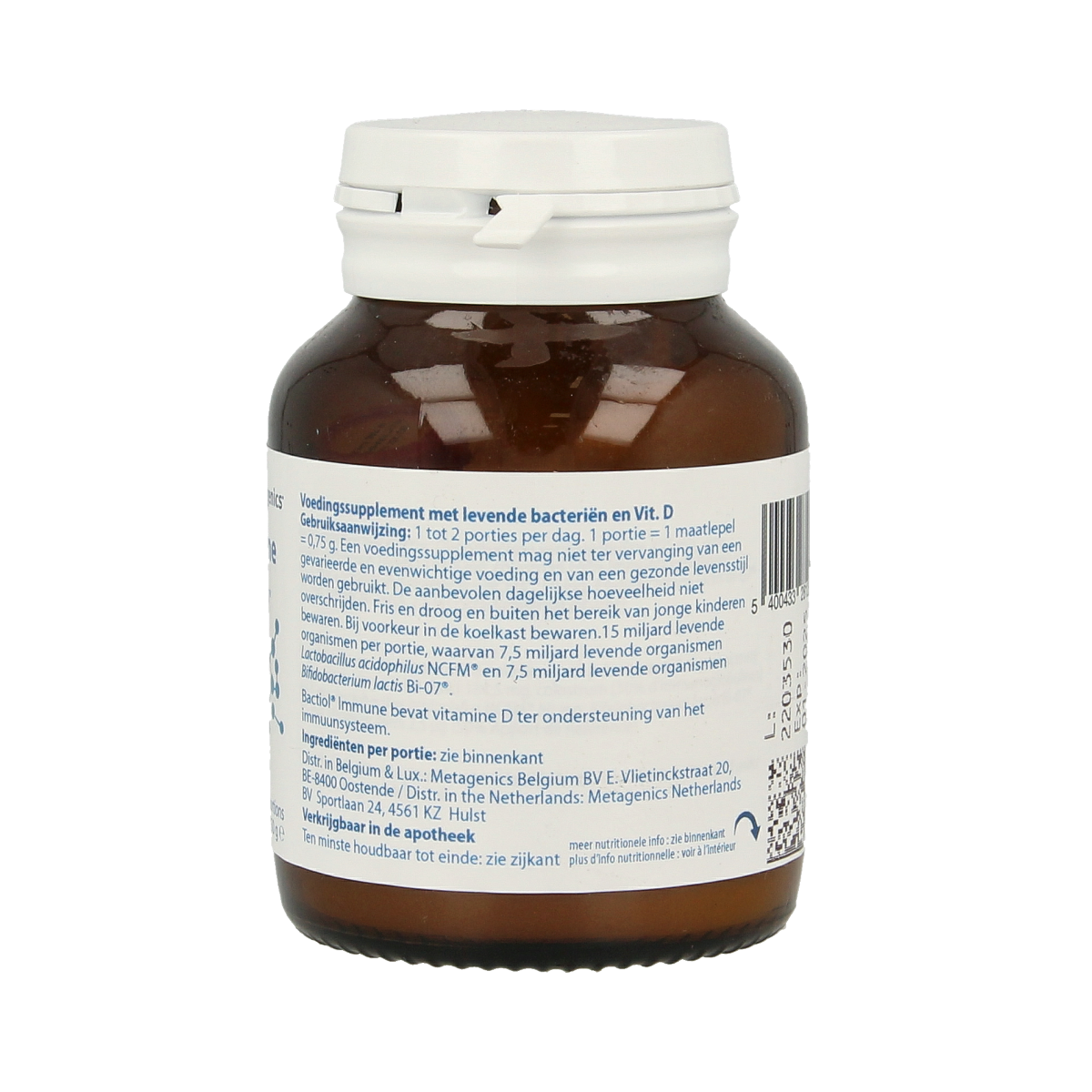 Metagenics Bactiol immune micro-organismen supplement container with 66 servings, 140 grams, showing the product label.