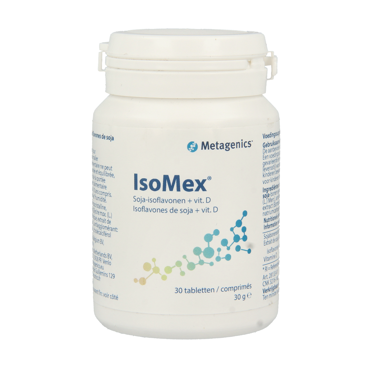 Metagenics Isomex herbal supplement tablets in a bottle, natural herbal product from the Metagenics brand.