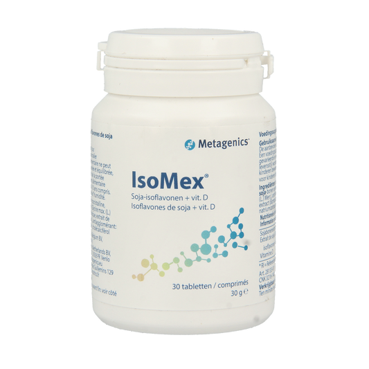 Metagenics Isomex herbal supplement tablets in a bottle, natural herbal product from the Metagenics brand.