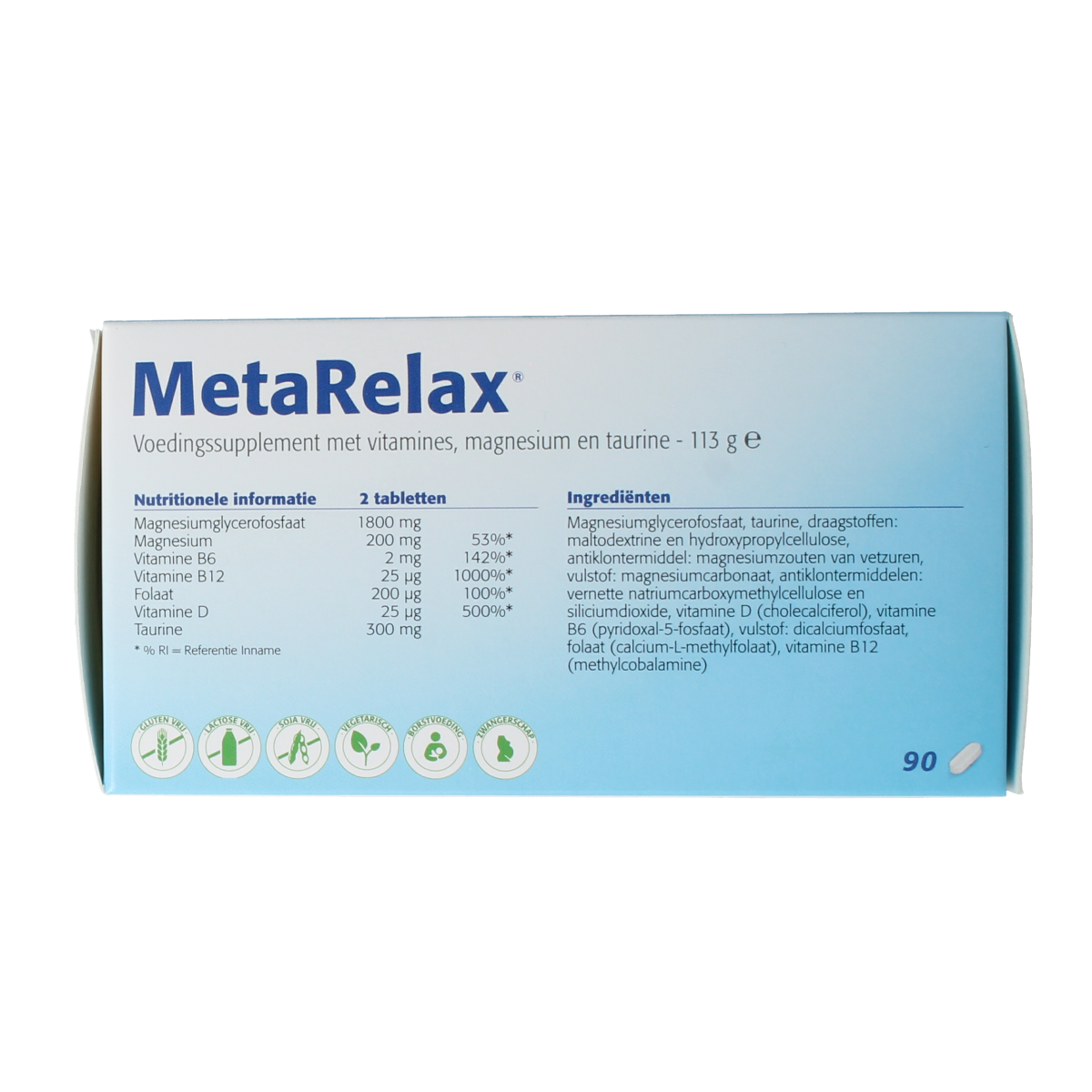 Metagenics Metarelax mineral supplement tablets, showing a bottle of 90 tablets for stress relief and relaxation.