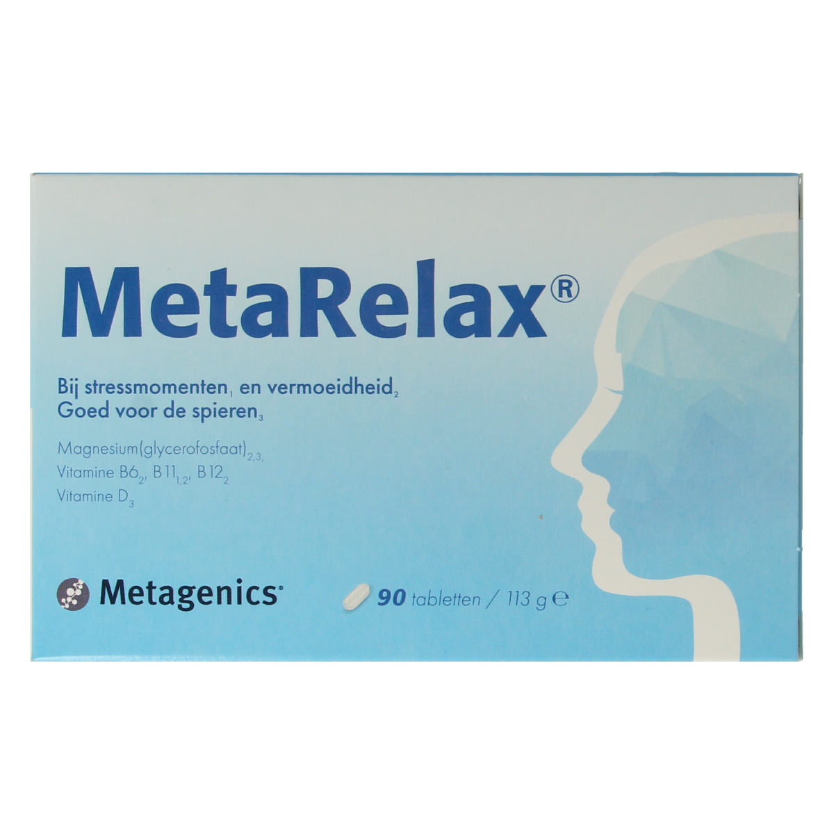 Metagenics Metarelax mineral supplement in a bottle of 90 tablets, dietary multi-mineral product for relaxation and health.