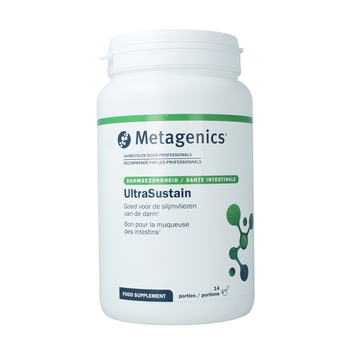 Metagenics Ultra Sustain multivitamin bottle with 14 servings, 784 grams, featuring colorful capsules and label details.