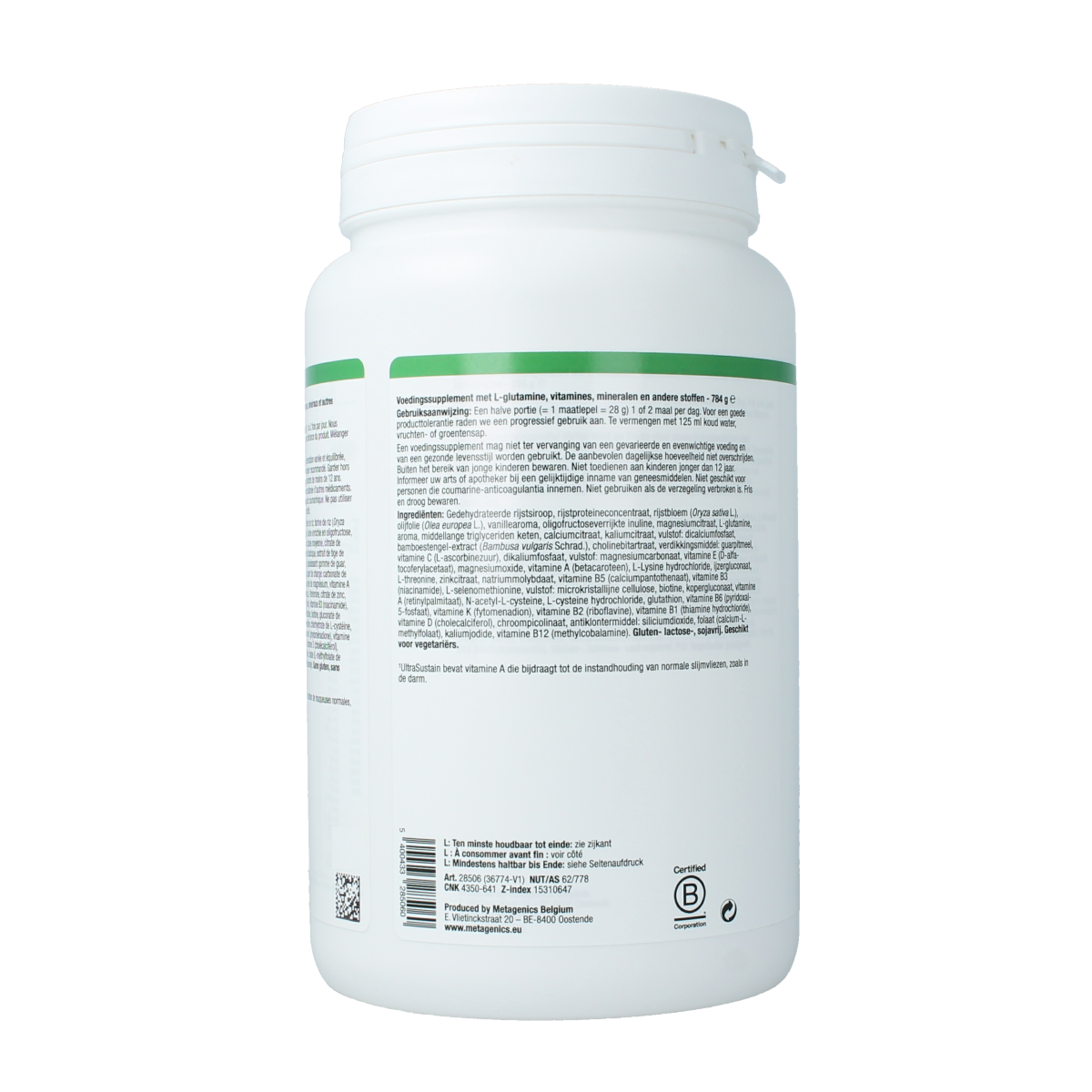 Metagenics Ultra Sustain multivitamin bottle with 14 servings, 784 grams, showing the supplement container and label.