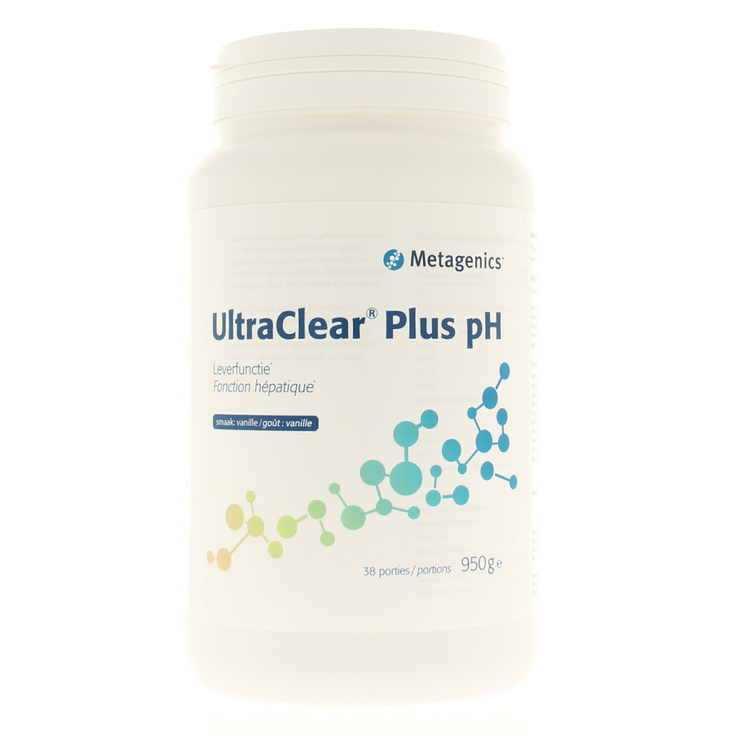 Metagenics Ultra Clear Plus pH Vanille amino acid supplement in 965g jar, showing the product label and container.