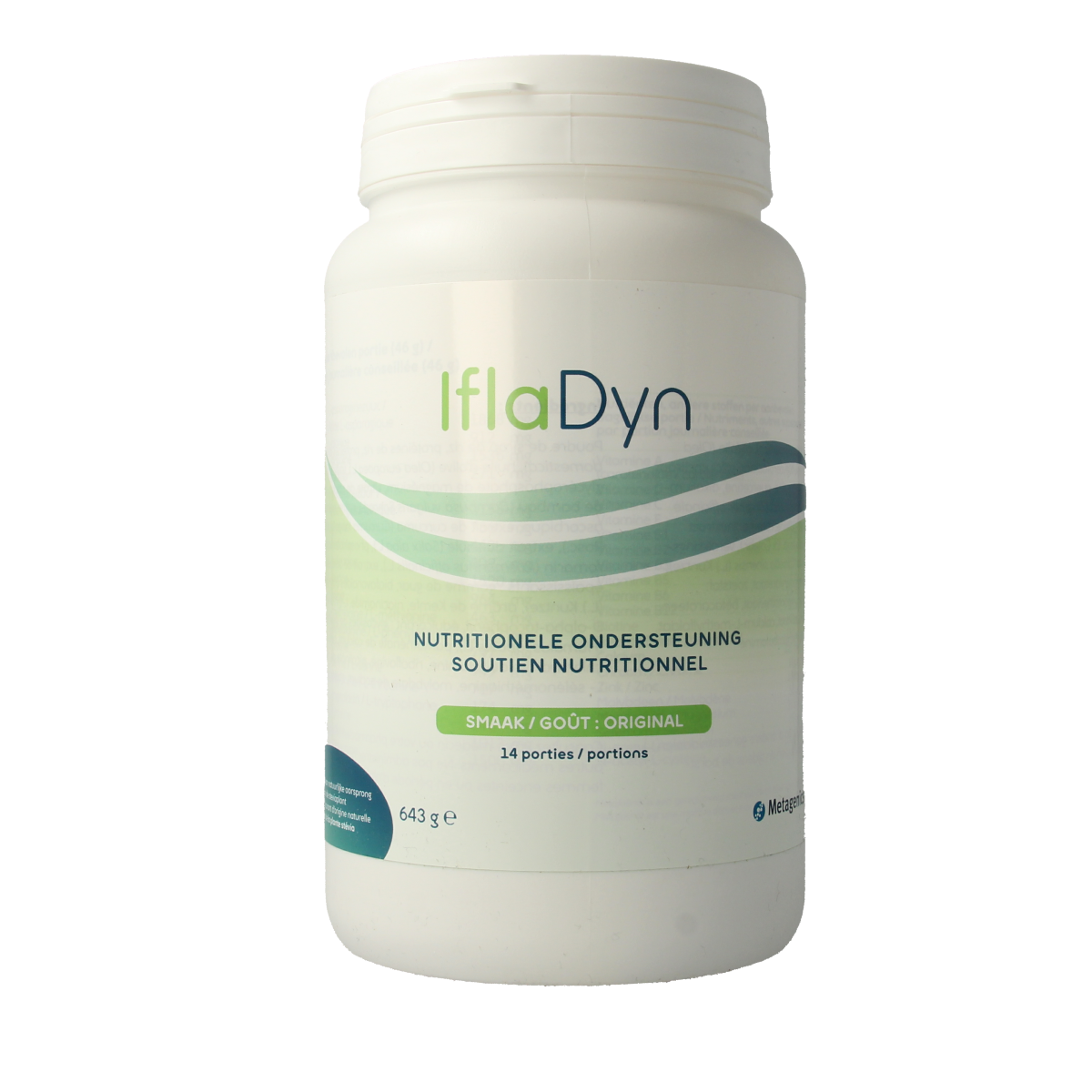 Metagenics Ifladyn multivitamin powder in a 14-scoop, 643g container, showing the label and scoop.