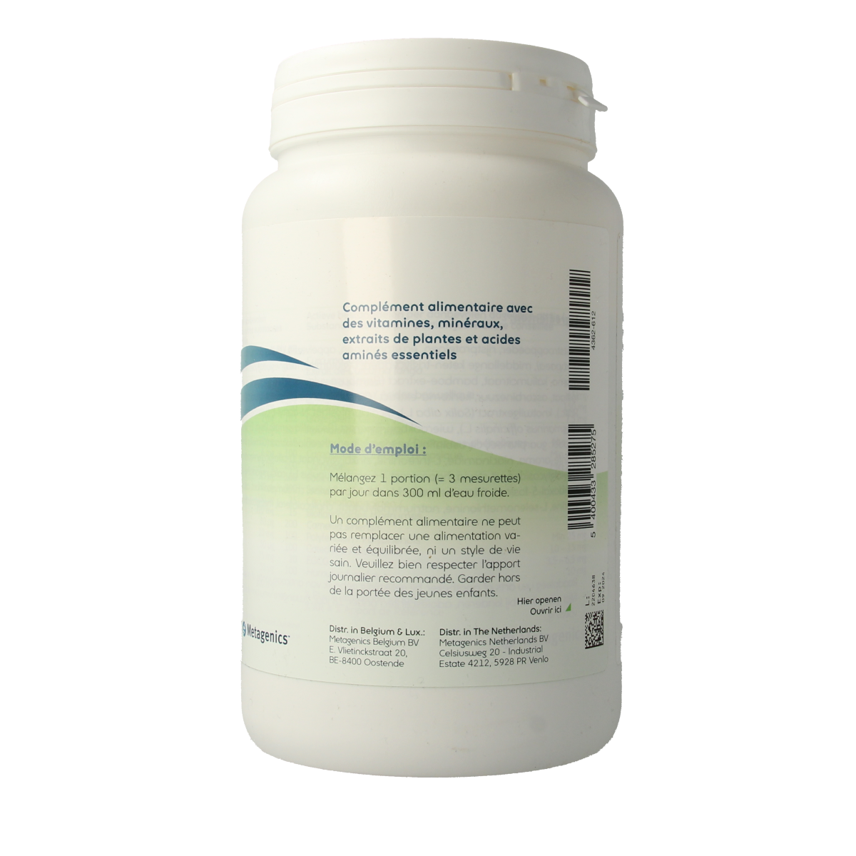 Metagenics Ifladyn multivitamin powder in a 14-scoop container, 643 grams, with a label showing colorful packaging and scoop.