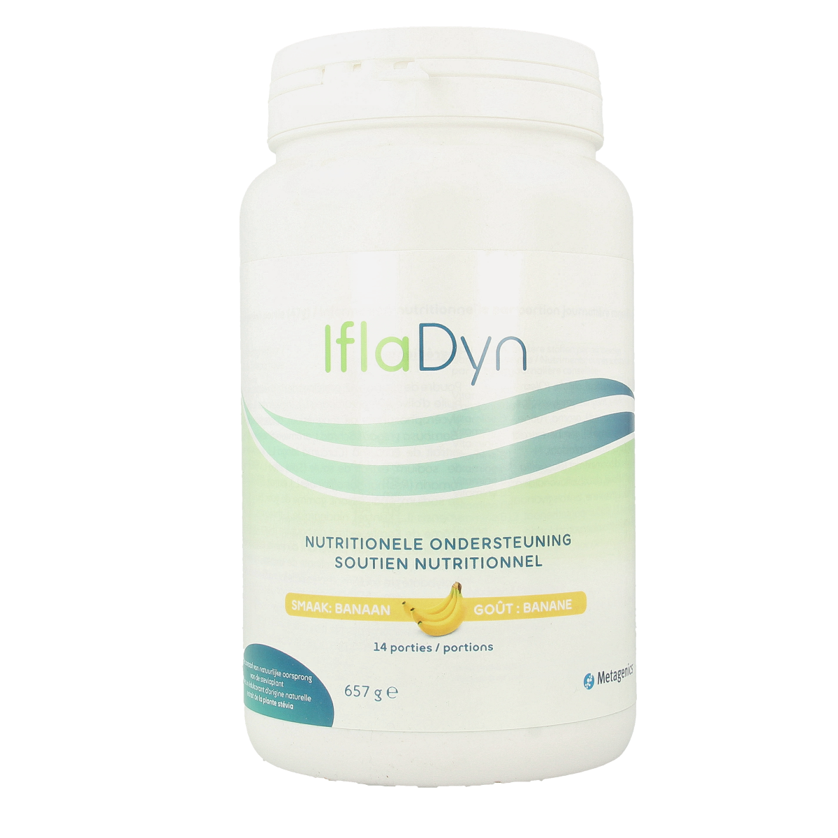 Metagenics Ifladyn banana multi-vitamin powder in 14 scoops, 657 grams, featuring banana flavor and supplement packaging.
