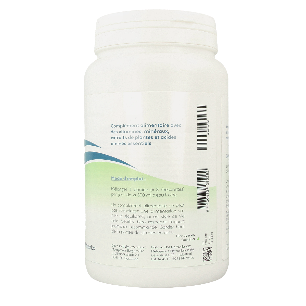 Metagenics Ifladyn banana multi-vitamin powder in 14 scoops, 657 grams, shown in a colorful container with banana flavor branding.