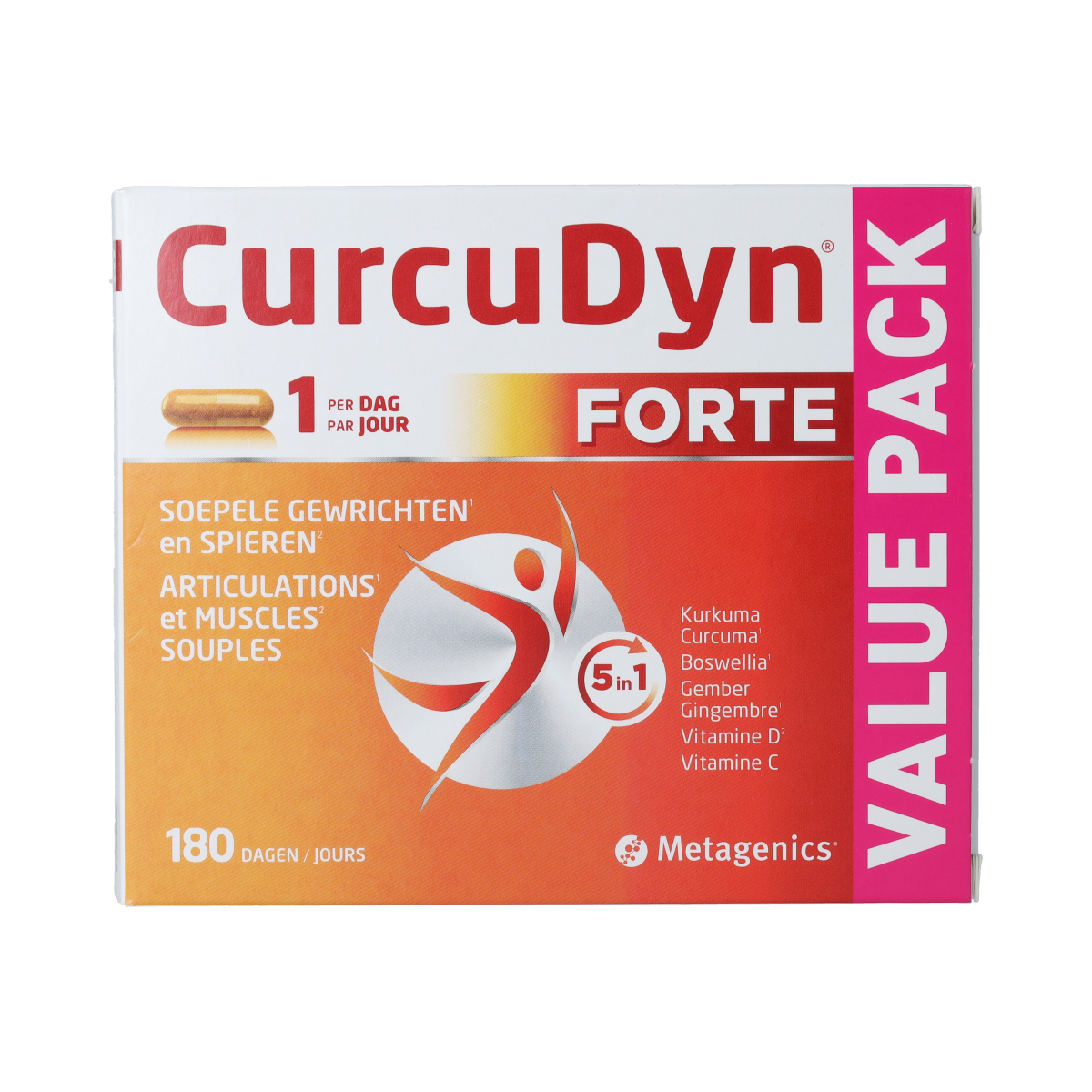 Metagenics Curcudyn Forte capsules in a bottle, herbal supplement for joint and immune health.