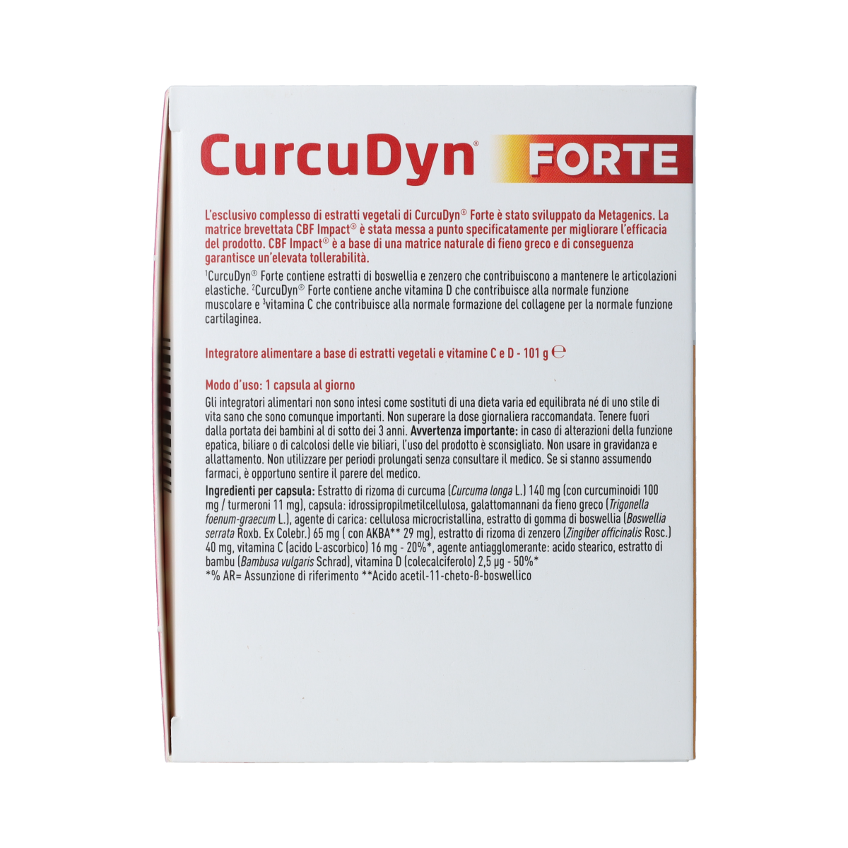Metagenics Curcudyn Forte herbal supplement capsules shown in a bottle with orange and white labeling.