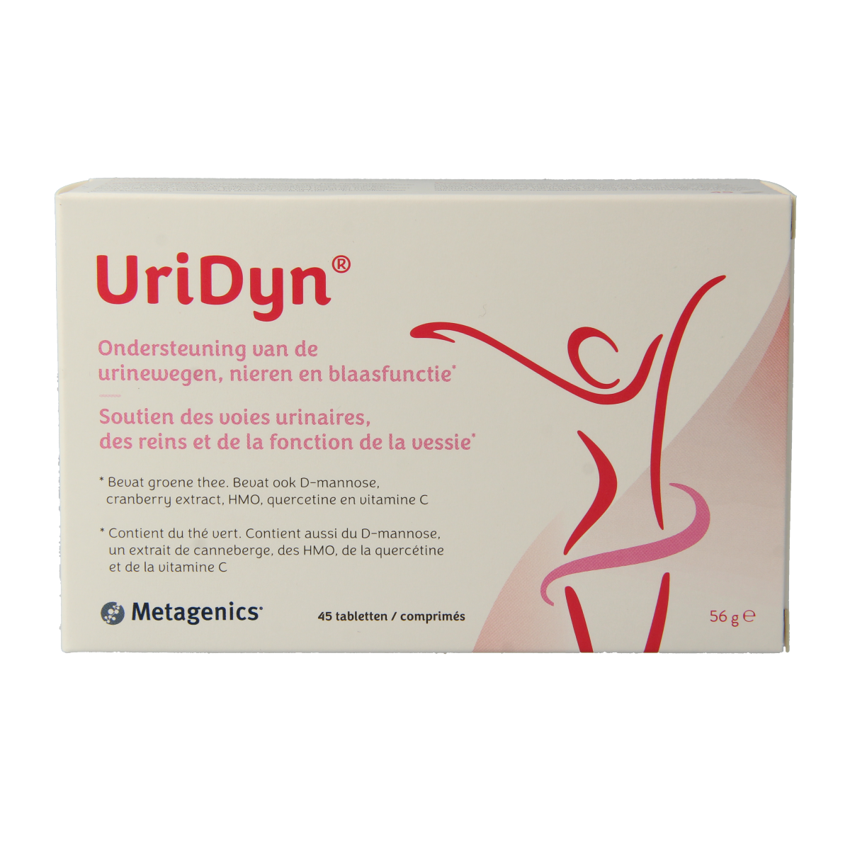 Metagenics Uridyn herbal supplement tablets in a bottle, part of the kruidenpreparaten product line, on a white background.