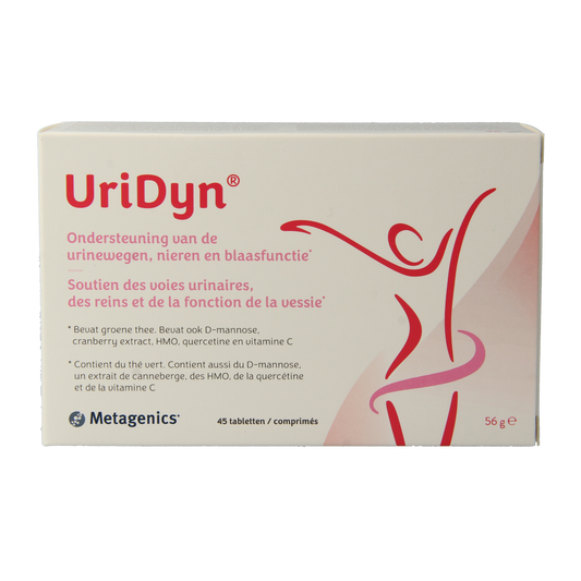 Metagenics Uridyn herbal supplement tablets in a bottle, part of the kruidenpreparaten product line, on a white background.