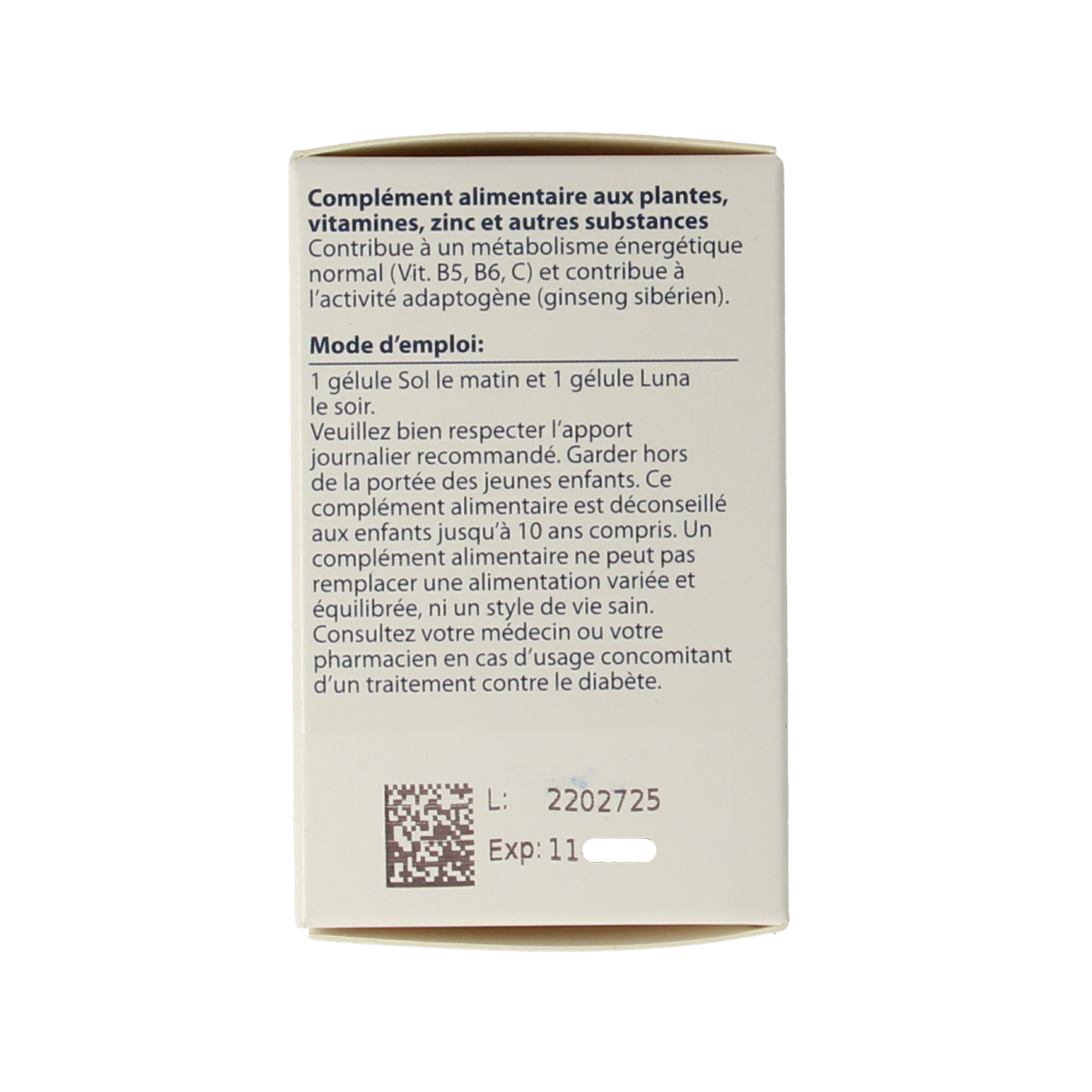 Bottle of Metagenics Adaptodyn multivitamin capsules with 60 capsules in a clear container, labeled with brand and product details.