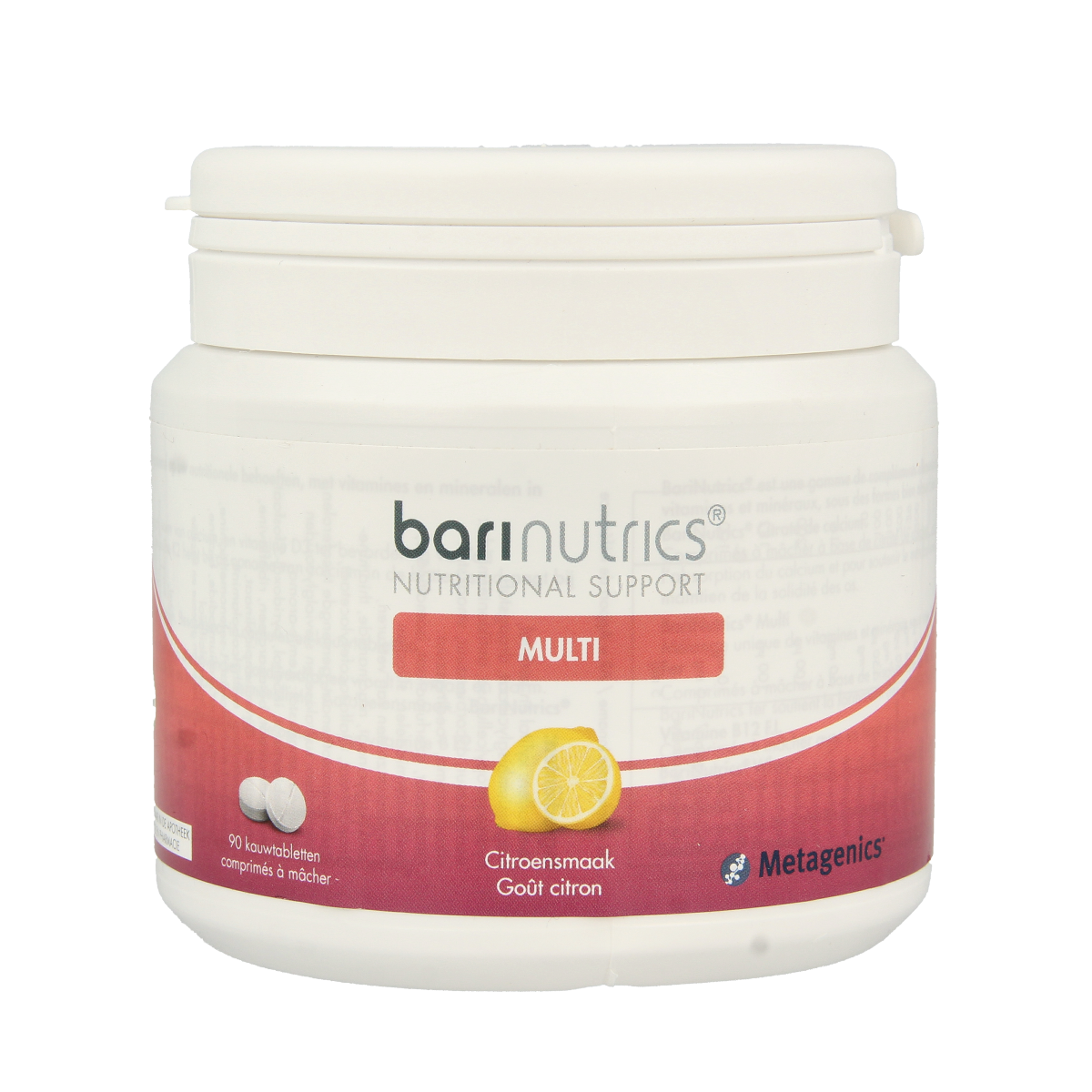 Barinutrics Multi Citroen chewable vitamin tablets, multi-vitamin supplement with lemon flavor, in blister pack.