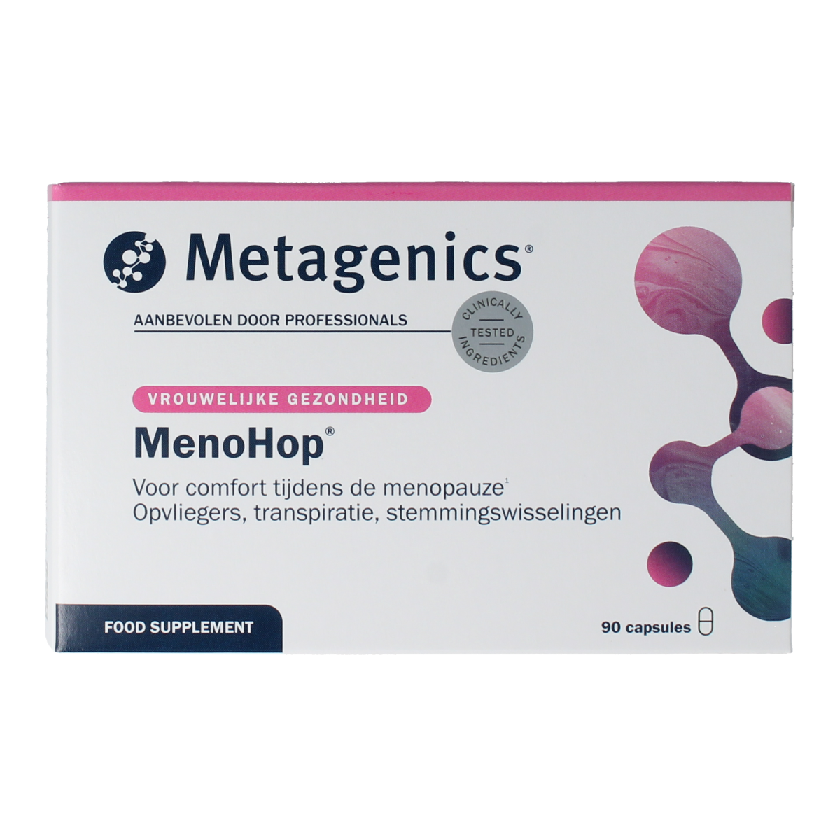 Metagenics Menohop herbal supplement capsules, kruidpreparaten, arranged in a bottle showcasing 90 capsules.