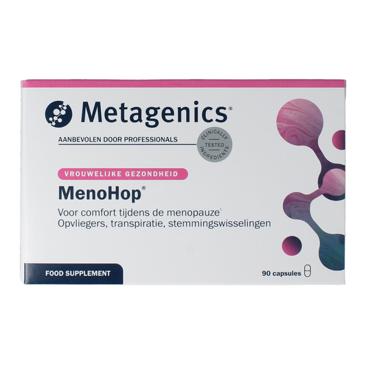 Metagenics Menohop herbal supplement capsules, kruidpreparaten, arranged in a bottle showcasing 90 capsules.