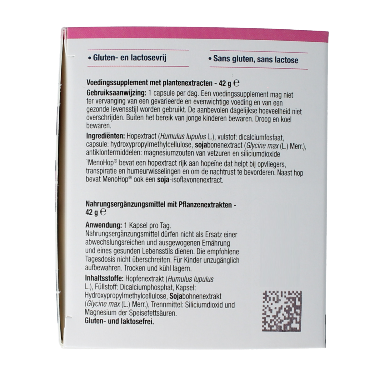 Metagenics Menohop herbal supplement capsules in a bottle, part of Metagenics kruidenpreparaten product line.