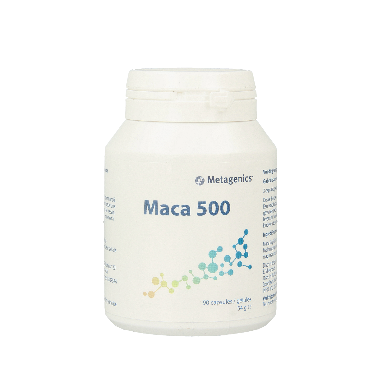 Metagenics Maca 500 vegetarian capsules, herbal supplement in a clear bottle with white cap on a white background.
