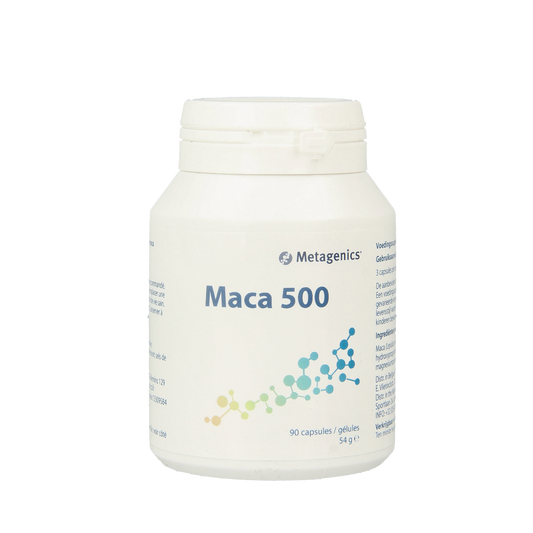 Metagenics Maca 500 vegetarian capsules, herbal supplement in a clear bottle with white cap on a white background.