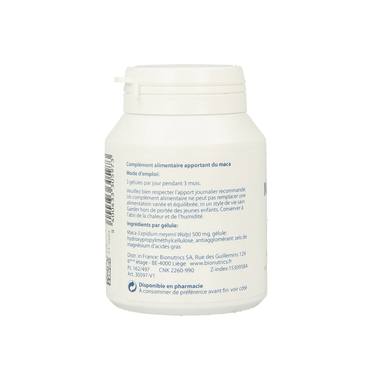 Vegetarian capsules of Metagenics Maca 500 dietary supplement, showing the product packaging and capsules.