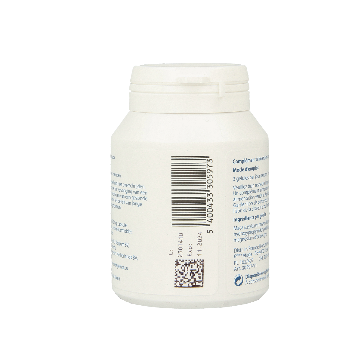 Metagenics Maca 500 vegetarian capsules in a bottle, dietary supplement for energy and vitality, herbal product from Metagenics.