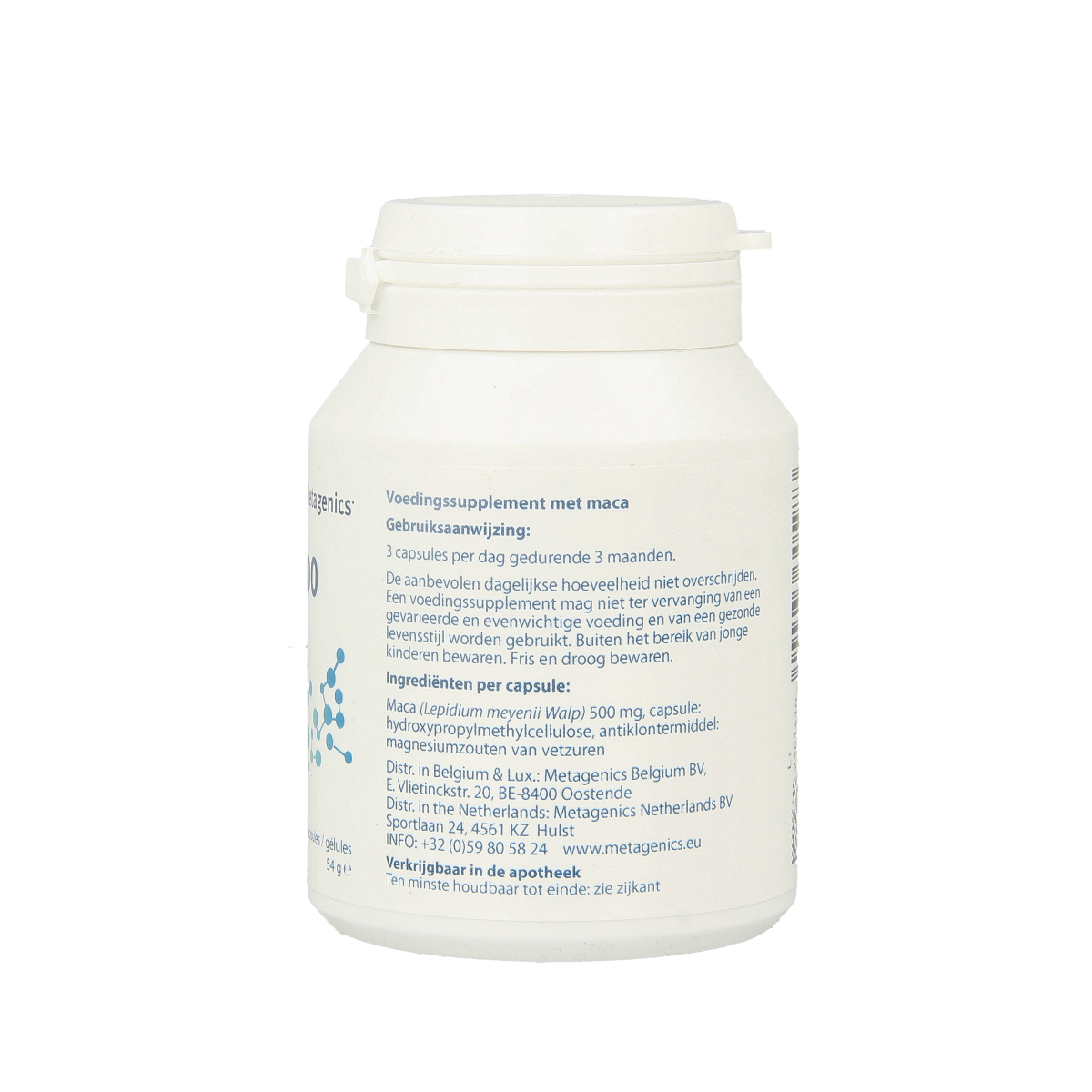 Vegetarian capsules of Metagenics Maca 500, herbal supplement in transparent bottle with white cap, showing the product label.
