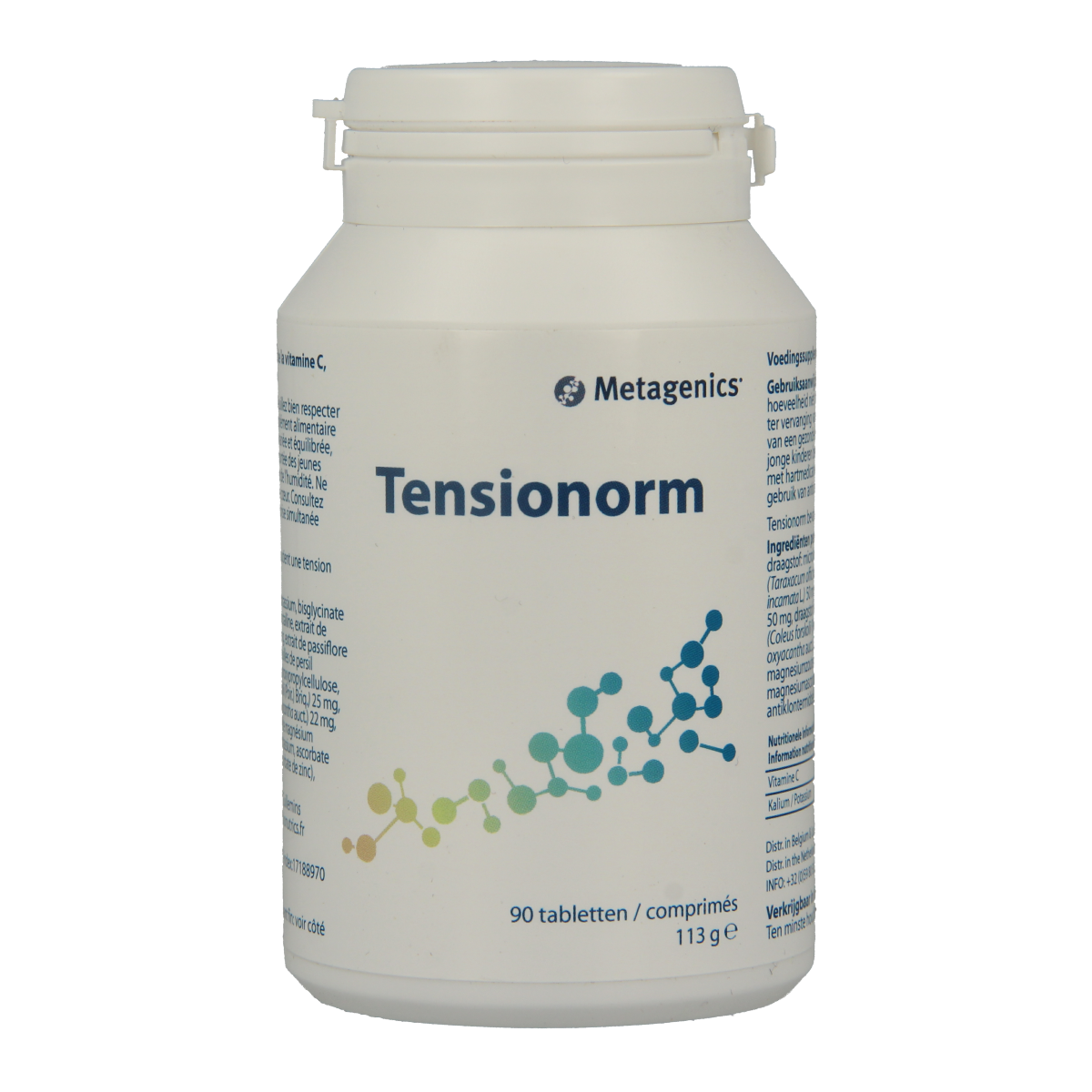 Metagenics Tensionorm herbal supplement tablets, 90 count, featuring natural herbal ingredients for stress relief.