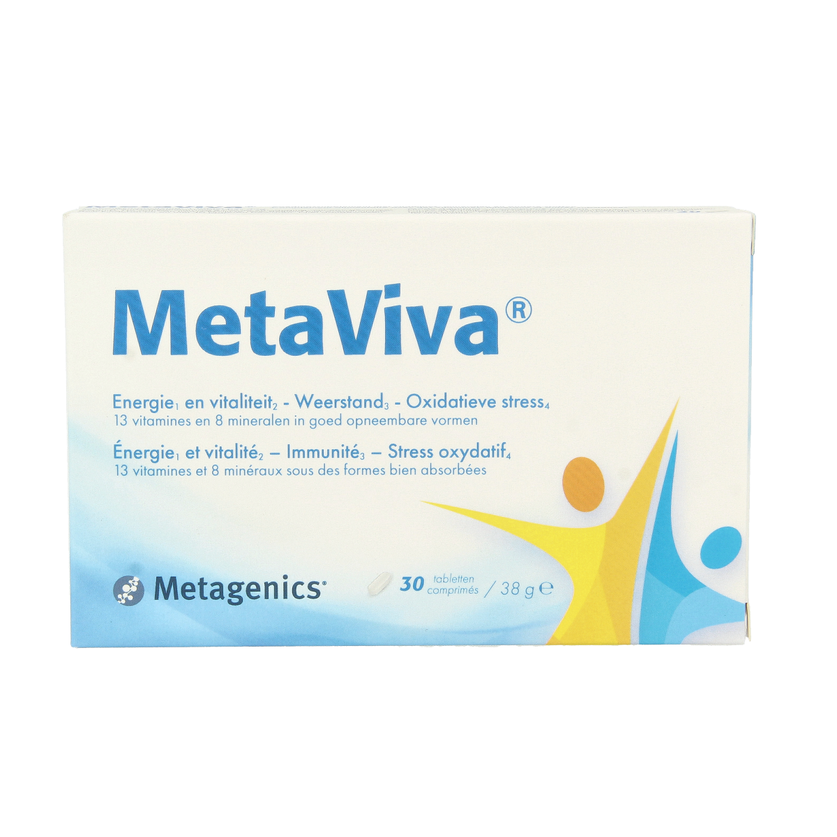 Metagenics Metaviva multivitamin tablets, 30-count bottle, showing the supplement packaging and tablets inside.