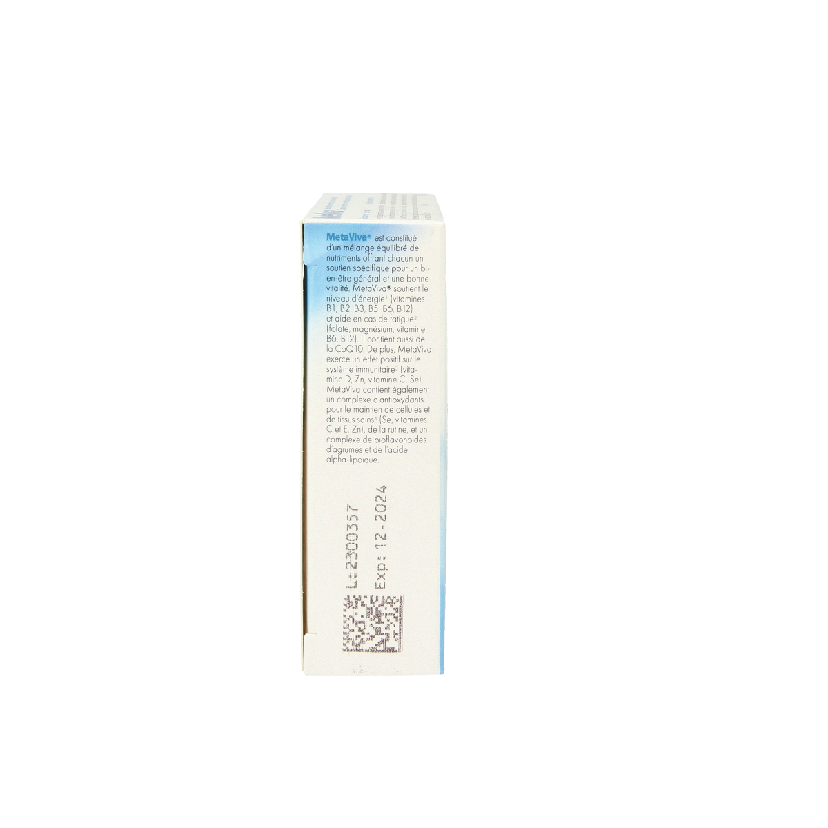 Metagenics Metaviva multivitamin tablets, dietary supplement with 30 tablets, featuring colorful packaging and tablet images.
