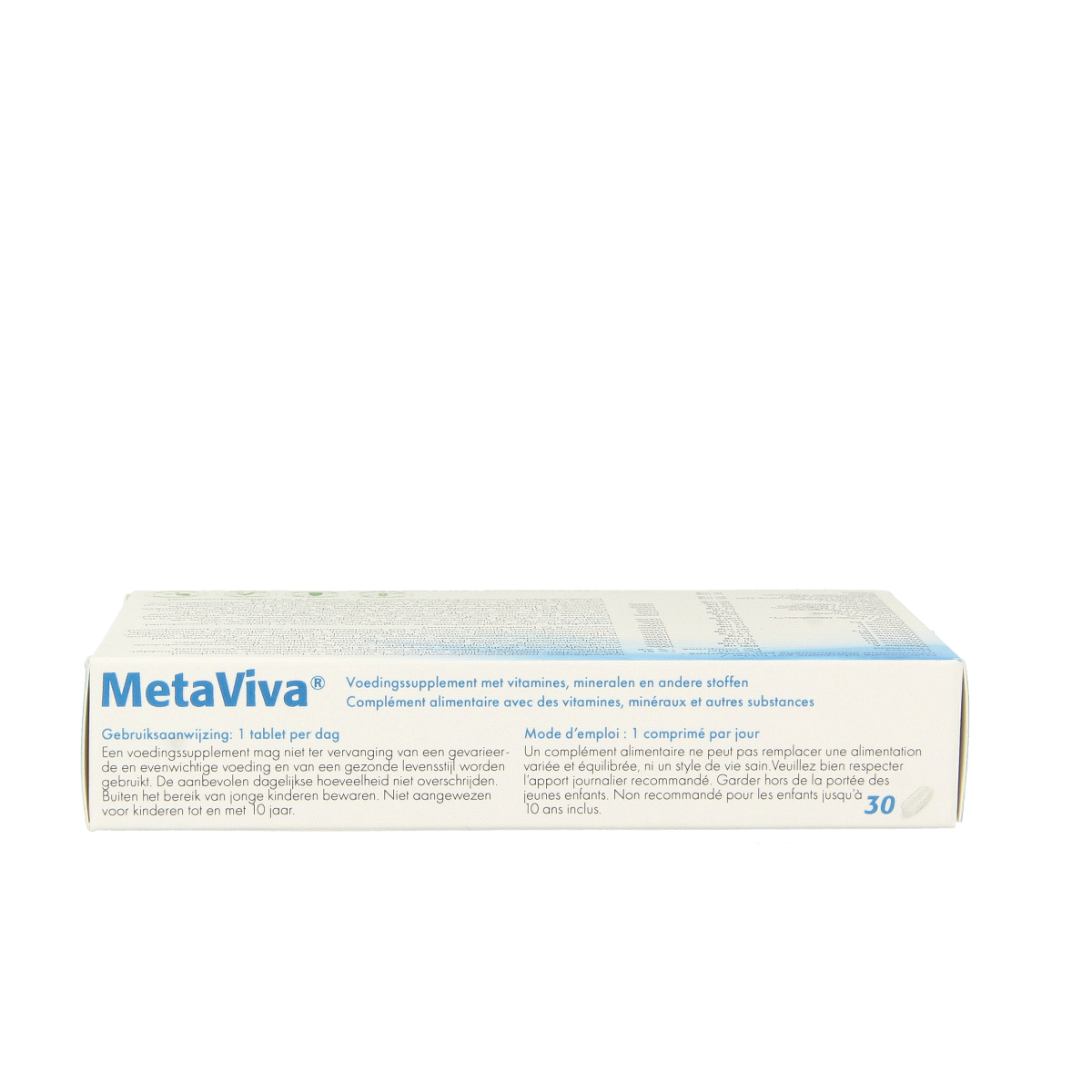 Bottle of Metagenics Metaviva multivitamin tablets, showing 30 count, with colorful label and tablet images.
