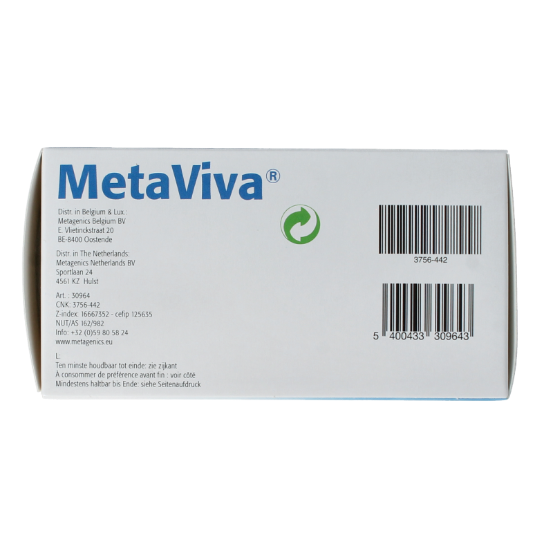 Metagenics Metaviva multivitamin tablets, 90 count, showing the supplement bottle with tablets inside.