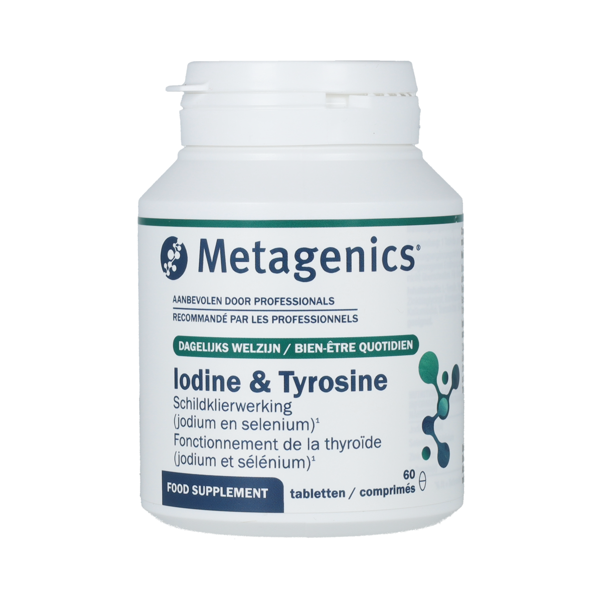 Metagenics Iodine & Tyrosine herbal supplement in a bottle of 60 tablets, natural health product with tablets displayed.