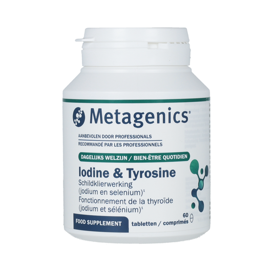 Metagenics Iodine & Tyrosine herbal supplement in a bottle of 60 tablets, natural health product with tablets displayed.