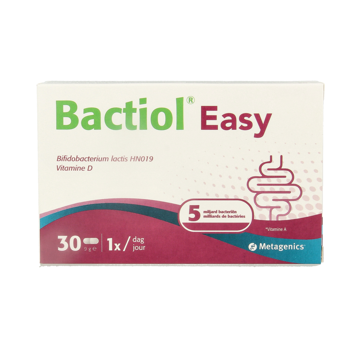 Metagenics Bactiol easy probiotic capsules with micro-organisms for digestive health, shown in a bottle with 30 capsules.